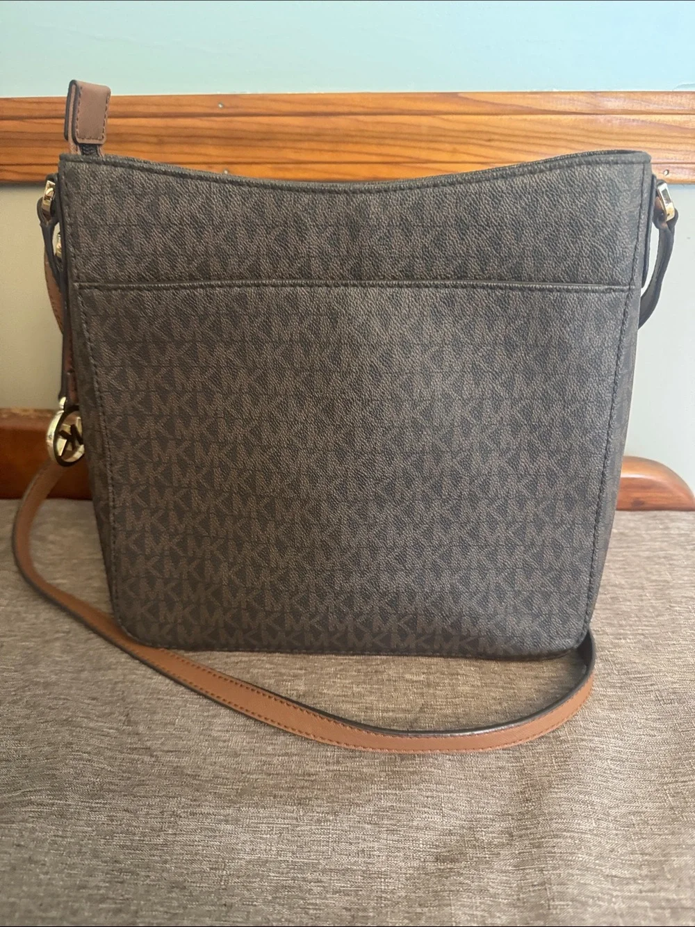 Michael Kors Dark Brown Signature Messenger Bag with Gold Hardware